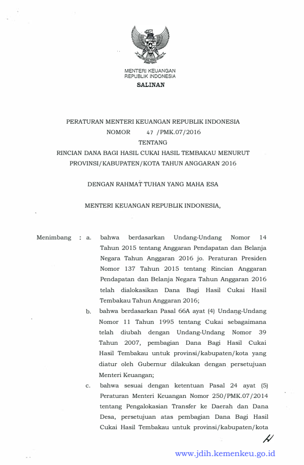 Peraturan Menteri Keuangan Nomor 47/PMK.07/2016