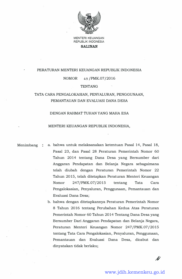 Peraturan Menteri Keuangan Nomor 49/PMK.07/2016