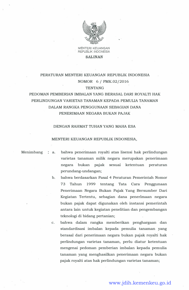 Peraturan Menteri Keuangan Nomor 6/PMK.02/2016