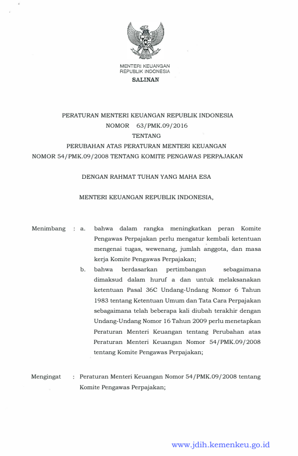 Peraturan Menteri Keuangan Nomor 63/PMK.09/2016