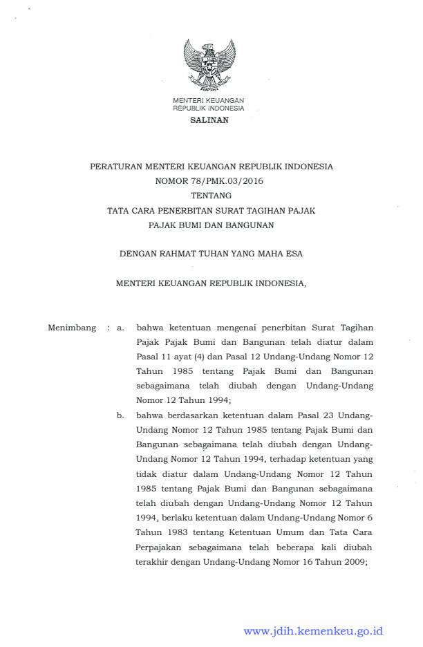 Peraturan Menteri Keuangan Nomor 78/PMK.03/2016