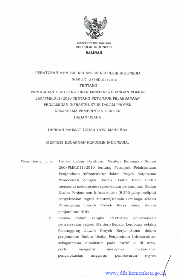 Peraturan Menteri Keuangan Nomor 8/PMK.08/2016