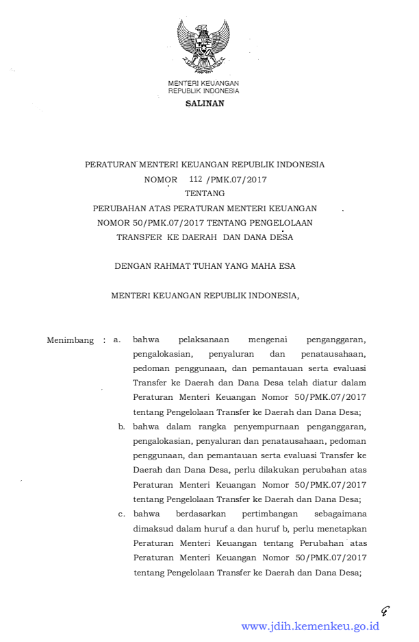 Peraturan Menteri Keuangan Nomor 112/PMK.07/2017
