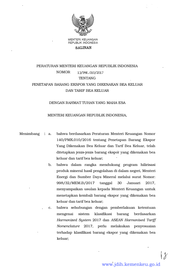 Peraturan Menteri Keuangan Nomor 13/PMK.010/2017