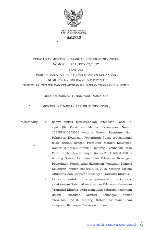 Peraturan Menteri Keuangan Nomor 153/PMK.05/2017