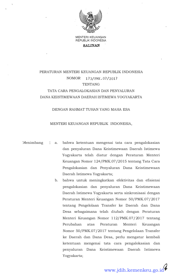 Peraturan Menteri Keuangan Nomor 173/PMK.07/2017