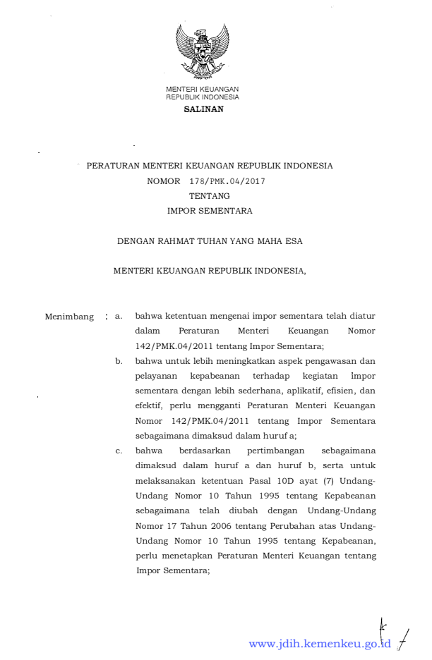 Peraturan Menteri Keuangan Nomor 178/PMK.04/2017
