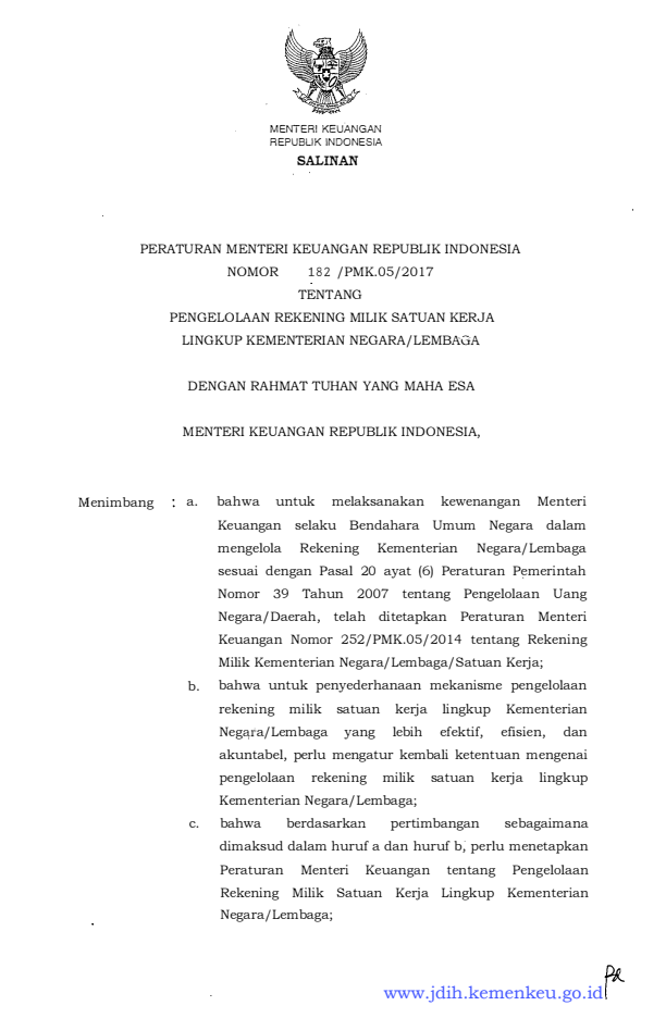 Peraturan Menteri Keuangan Nomor 182/PMK.05/2017