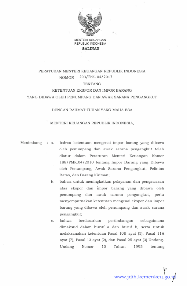 Peraturan Menteri Keuangan Nomor 203/PMK.04/2017