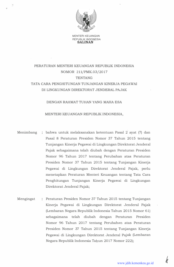 Peraturan Menteri Keuangan Nomor 211/PMK.03/2017