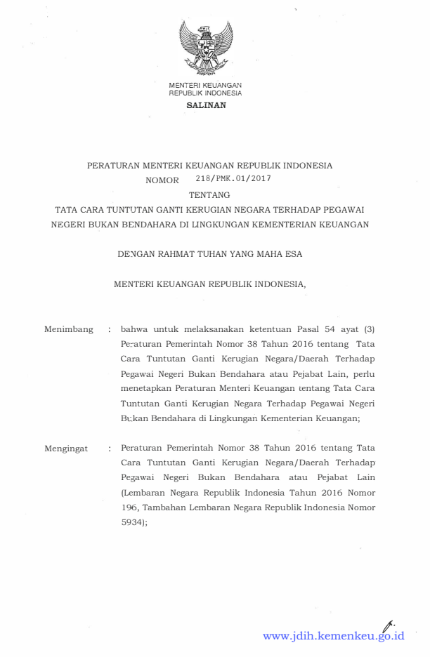 Peraturan Menteri Keuangan Nomor 218/PMK.01/2017