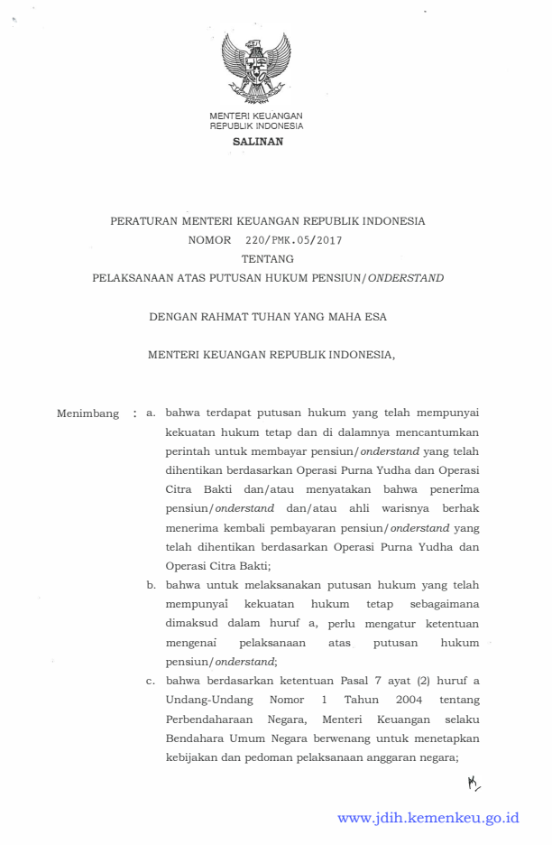 Peraturan Menteri Keuangan Nomor 220/PMK.05/2017