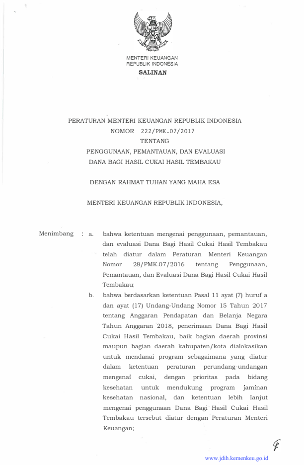 Peraturan Menteri Keuangan Nomor 222/PMK.07/2017