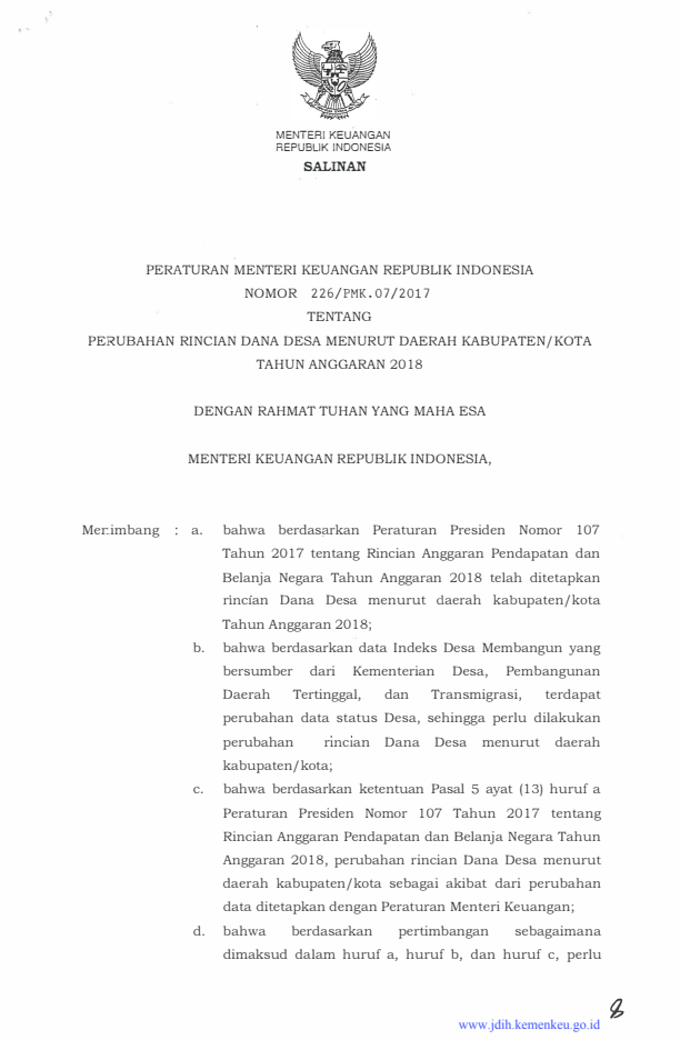 Peraturan Menteri Keuangan Nomor 226/PMK.07/2017