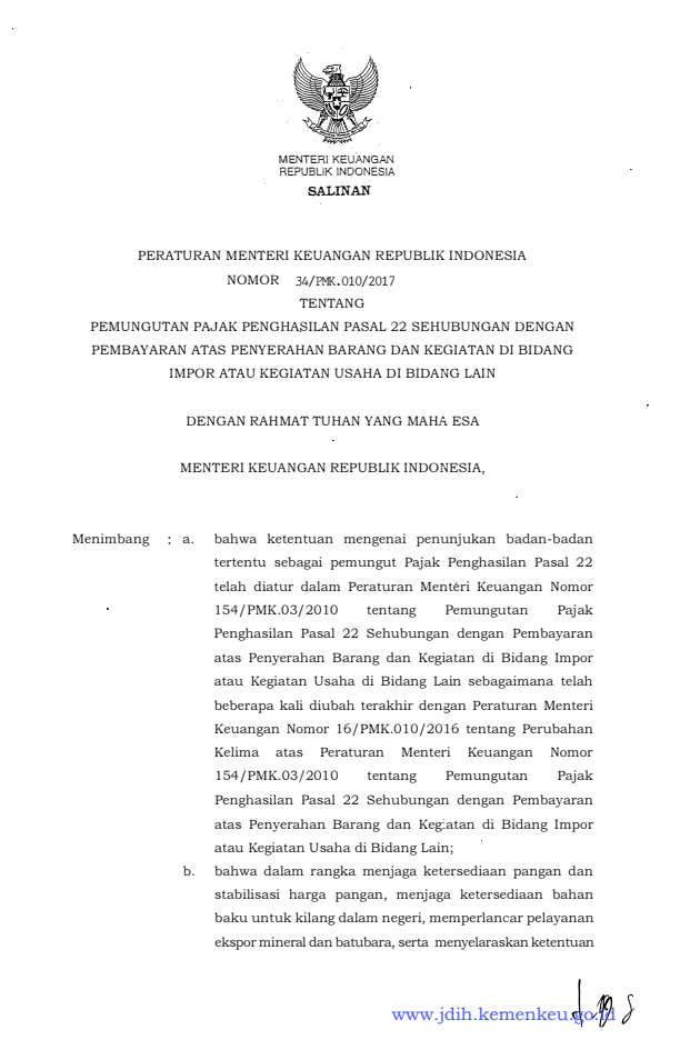 Peraturan Menteri Keuangan Nomor 34/PMK.010/2017