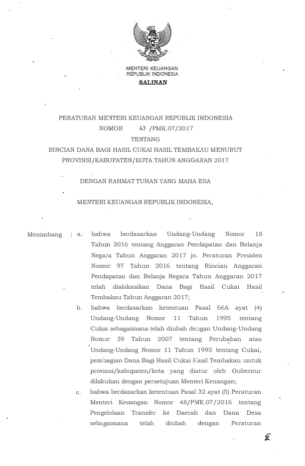 Peraturan Menteri Keuangan Nomor 43/PMK.07/2017