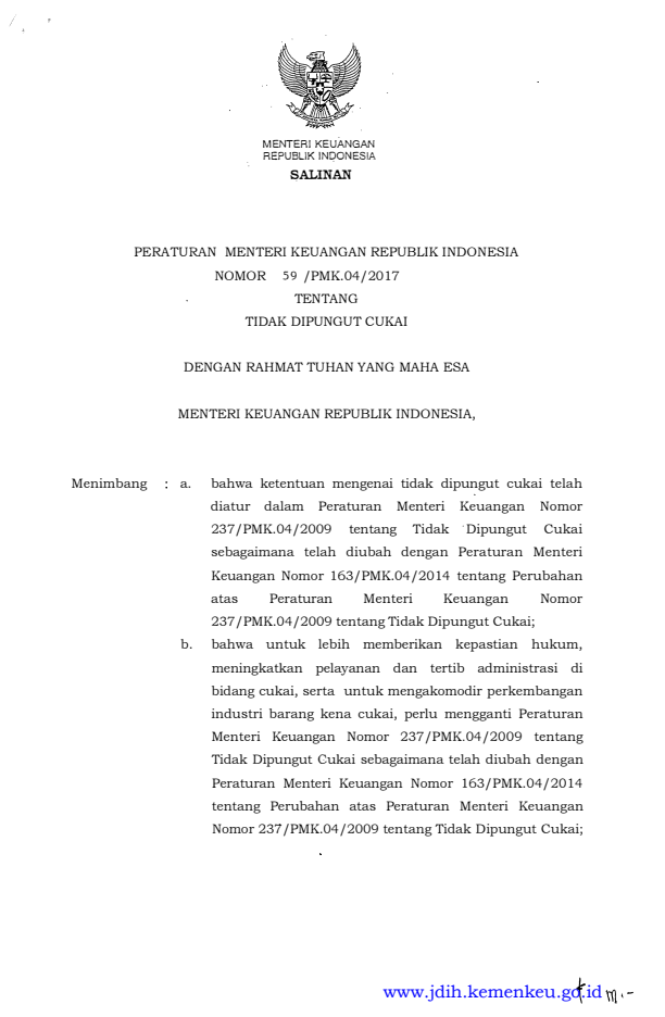 Peraturan Menteri Keuangan Nomor 59/PMK.04/2017
