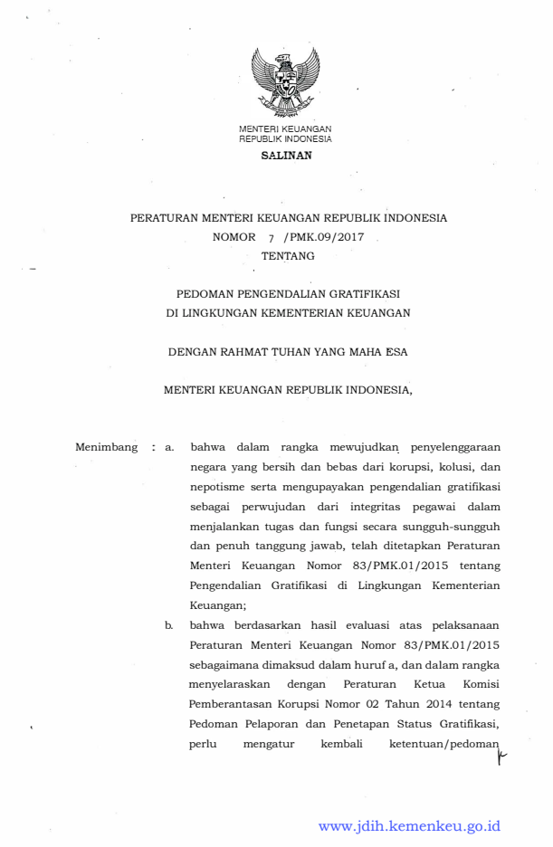 Peraturan Menteri Keuangan Nomor 7/PMK.09/2017