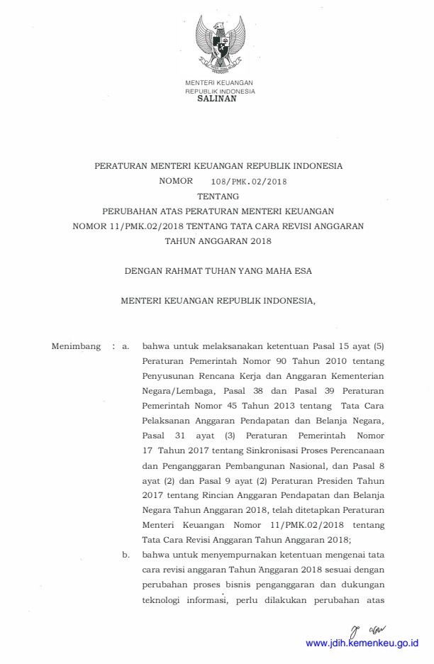 Peraturan Menteri Keuangan Nomor 108/PMK.02/2018
