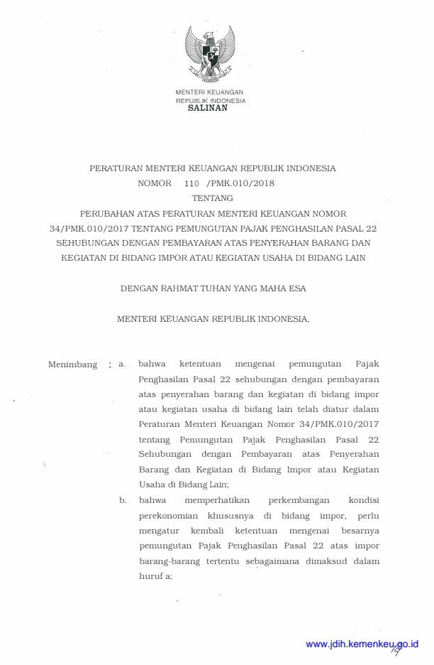 Peraturan Menteri Keuangan Nomor 110/PMK.010/2018