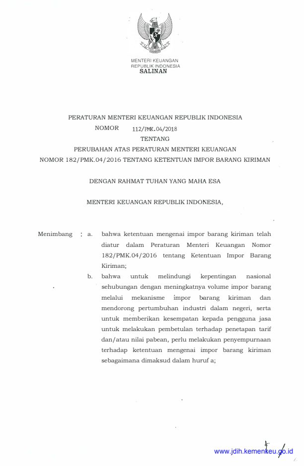 Peraturan Menteri Keuangan Nomor 112/PMK.04/2018