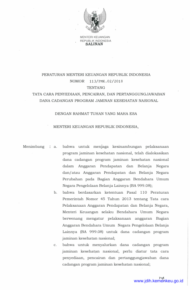 Peraturan Menteri Keuangan Nomor 113/PMK.02/2018