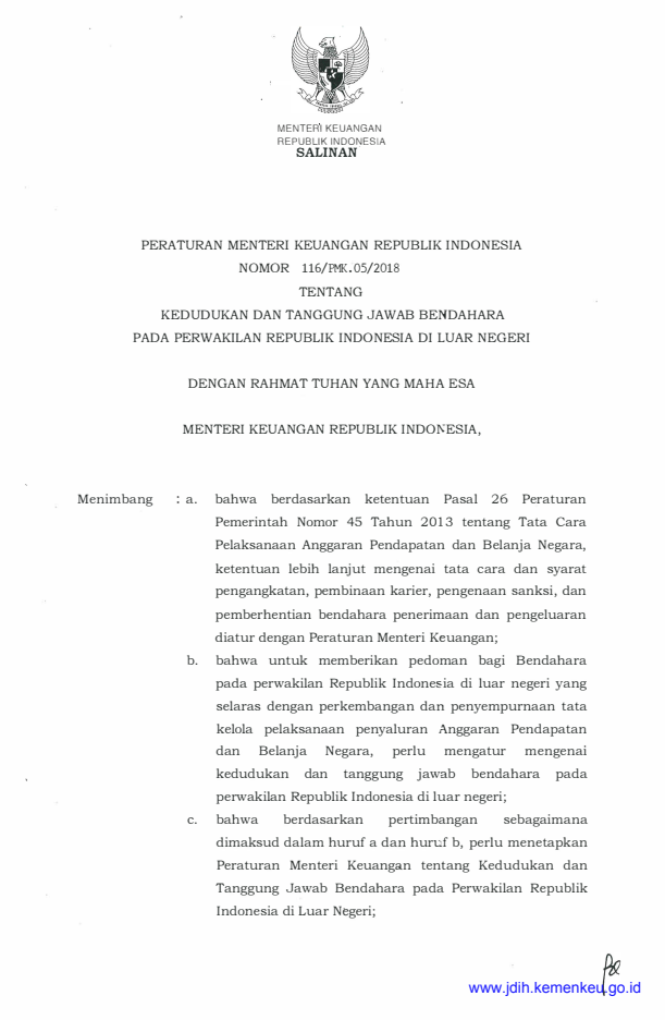 Peraturan Menteri Keuangan Nomor 116/PMK.05/2018
