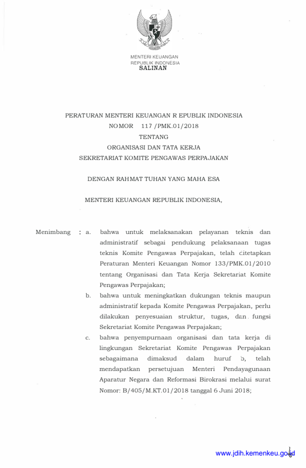 Peraturan Menteri Keuangan Nomor 117/PMK.01/2018