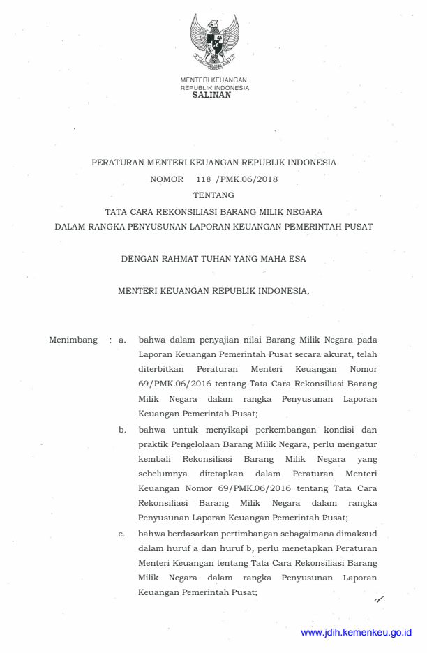 Peraturan Menteri Keuangan Nomor 118/PMK.06/2018