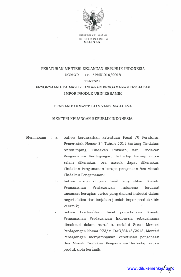 Peraturan Menteri Keuangan Nomor 119/PMK.010/2018