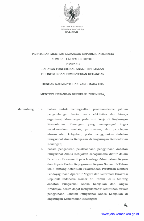 Peraturan Menteri Keuangan Nomor 123/PMK.010/2018