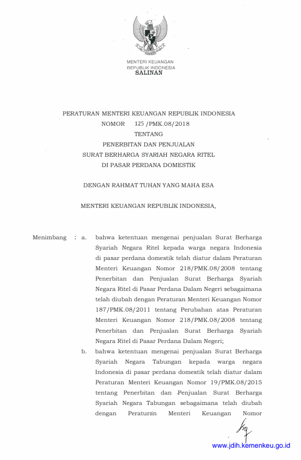 Peraturan Menteri Keuangan Nomor 125/PMK.08/2018