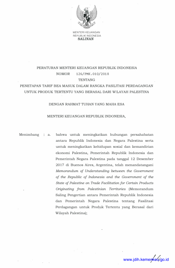 Peraturan Menteri Keuangan Nomor 126/PMK.010/2018