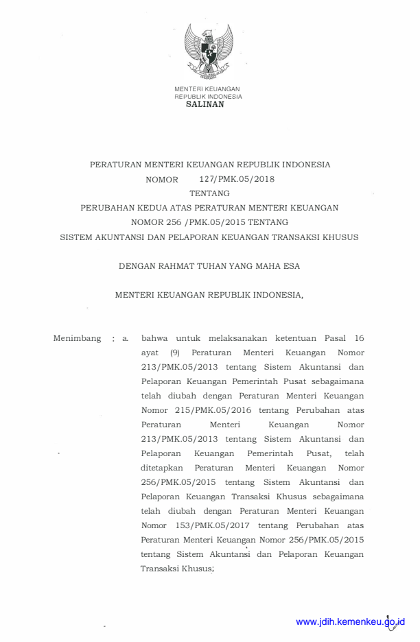 Peraturan Menteri Keuangan Nomor 127/PMK.05/2018