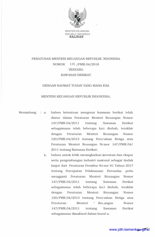 Peraturan Menteri Keuangan Nomor 131/PMK.04/2018