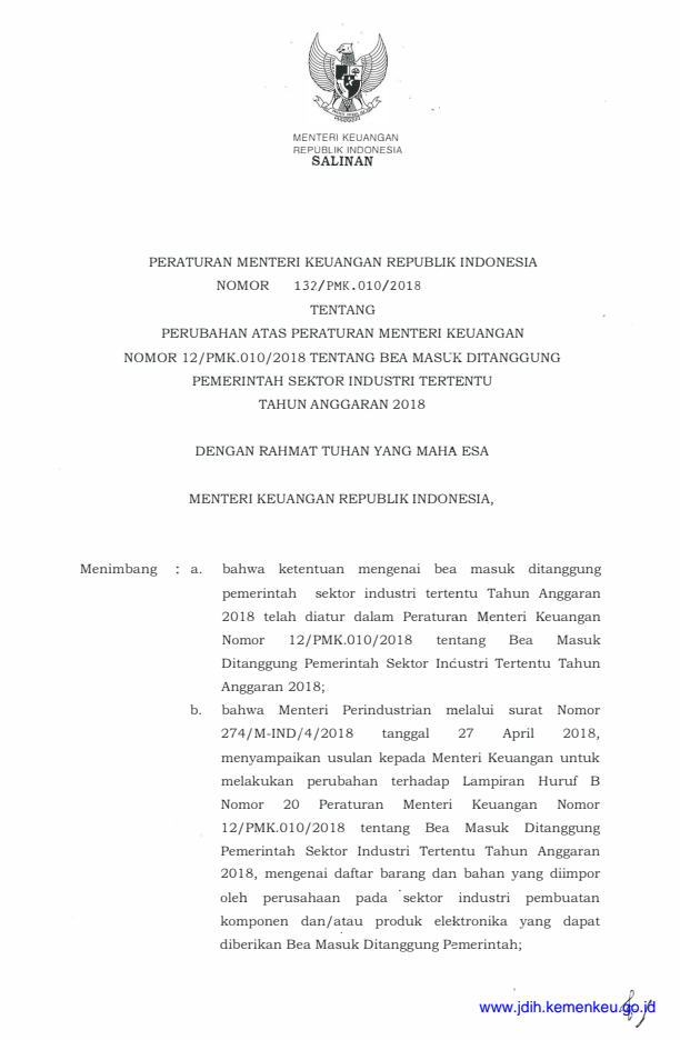 Peraturan Menteri Keuangan Nomor 132/PMK.010/2018