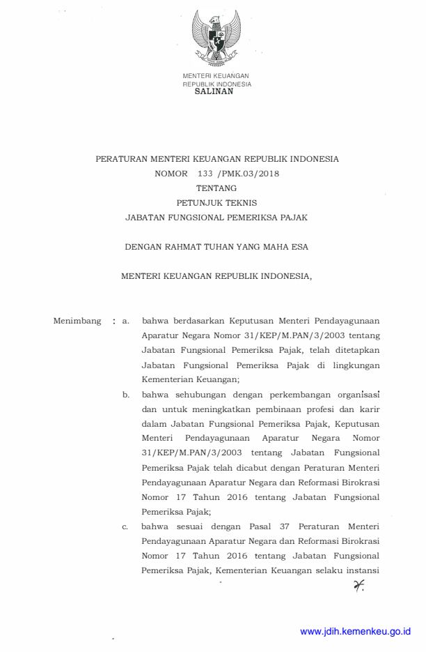 Peraturan Menteri Keuangan Nomor 133/PMK.03/2018