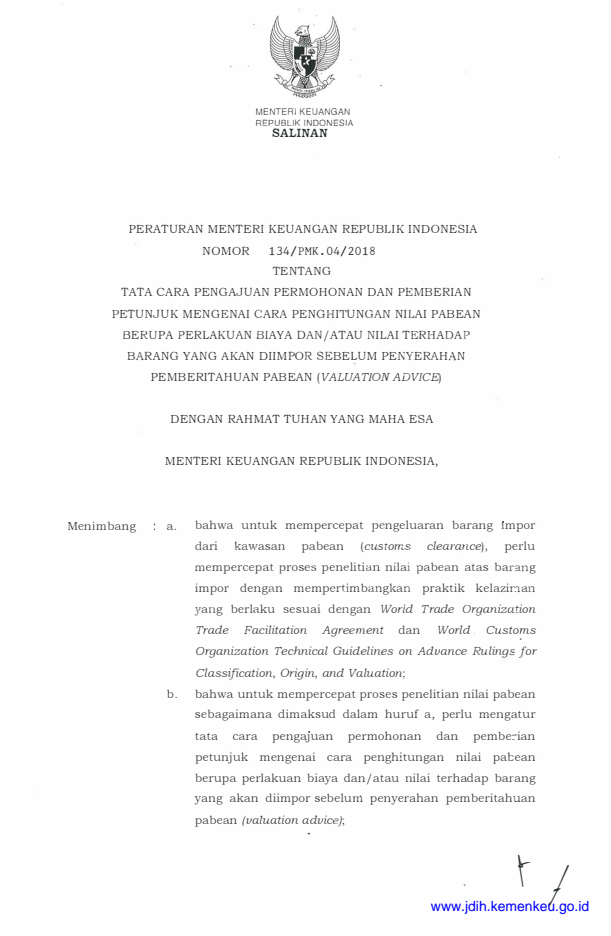 Peraturan Menteri Keuangan Nomor 134/PMK.04/2018