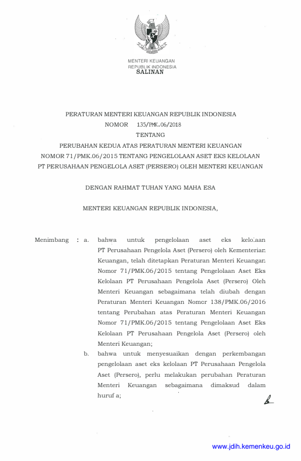 Peraturan Menteri Keuangan Nomor 135/PMK.06/2018