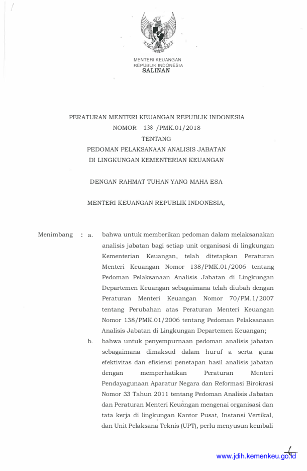 Peraturan Menteri Keuangan Nomor 138/PMK.01/2018