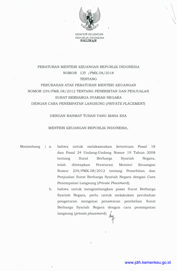 Peraturan Menteri Keuangan Nomor 139/PMK.08/2018
