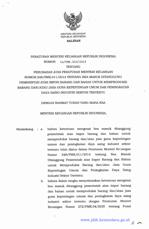 Peraturan Menteri Keuangan Nomor 14/PMK.010/2018