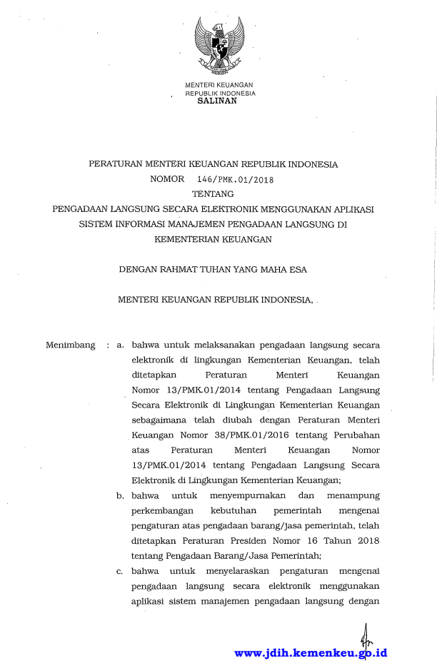 Peraturan Menteri Keuangan Nomor 146/PMK.01/2018