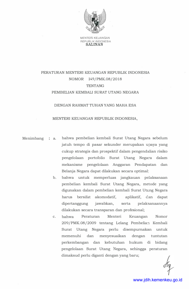 Peraturan Menteri Keuangan Nomor 149/PMK.08/2018