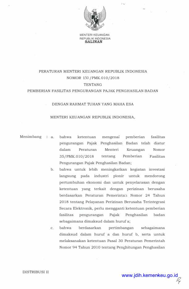 Peraturan Menteri Keuangan Nomor 150/PMK.010/2018