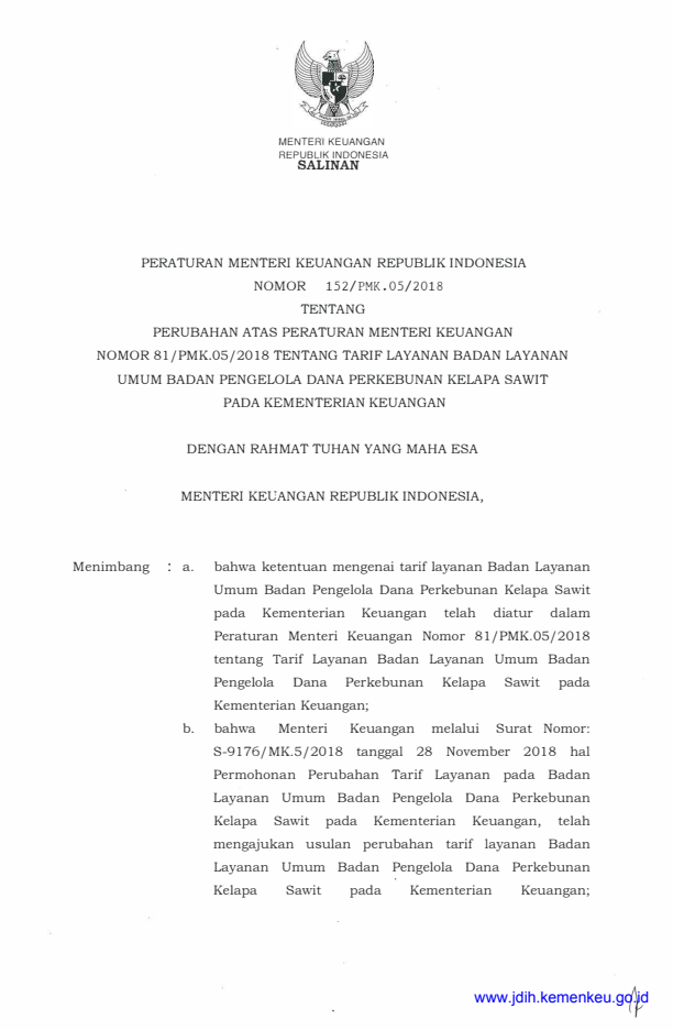 Peraturan Menteri Keuangan Nomor 152/PMK.05/2018