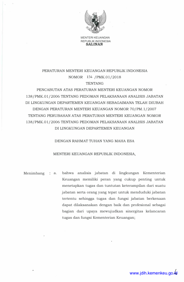 Peraturan Menteri Keuangan Nomor 154/PMK.01/2018