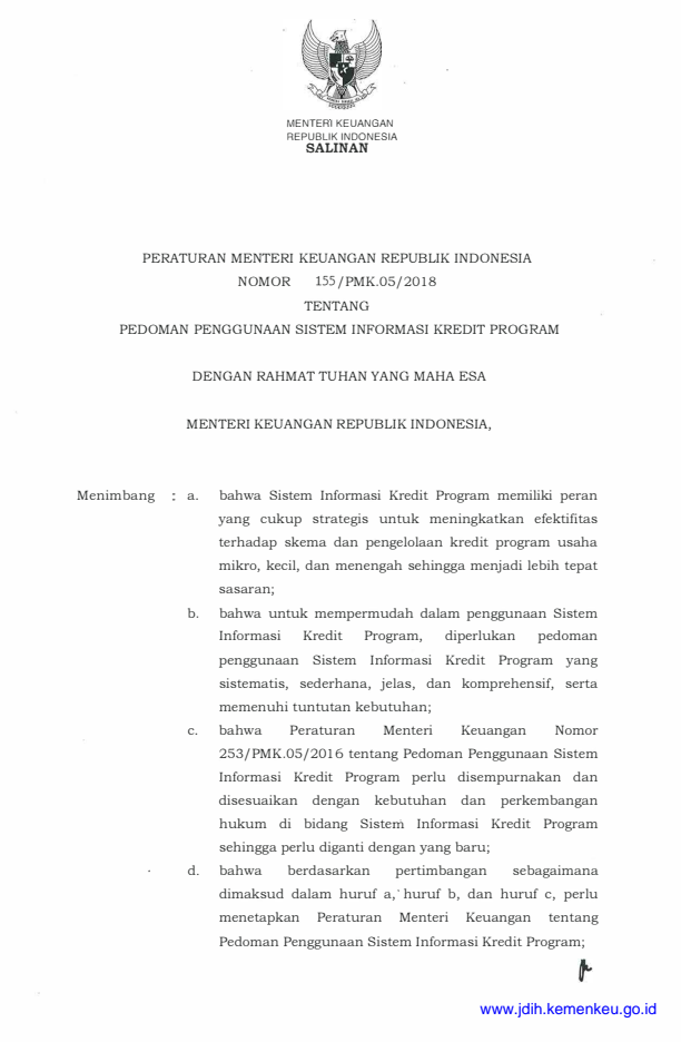 Peraturan Menteri Keuangan Nomor 155/PMK.05/2018