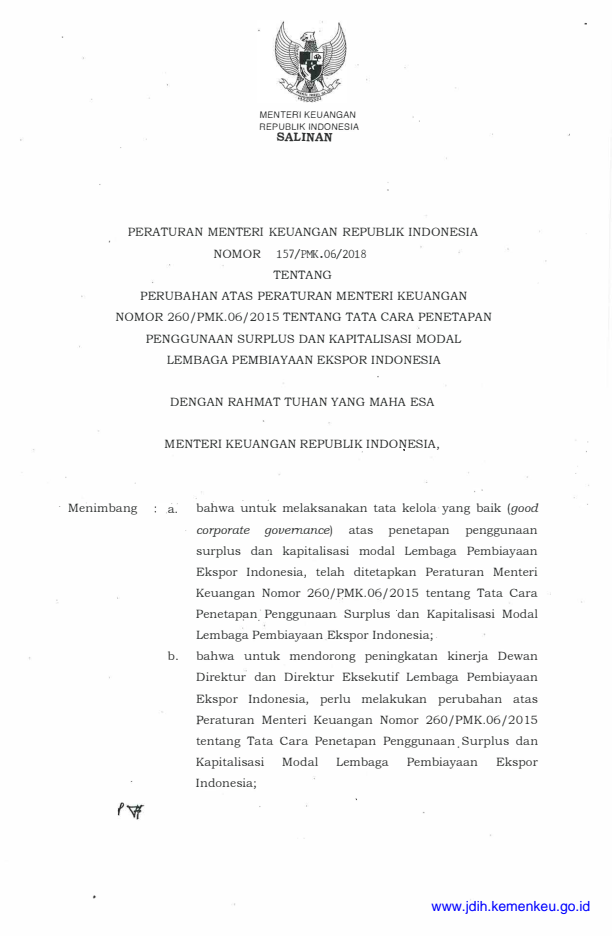 Peraturan Menteri Keuangan Nomor 157/PMK.06/2018