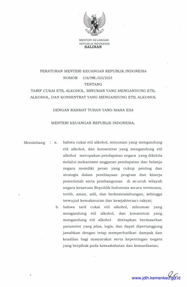 Peraturan Menteri Keuangan Nomor 158/PMK.010/2018